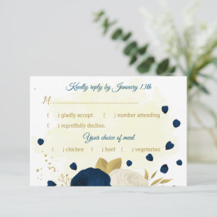 navy & white flowers gold botanical wedding  RSVP card