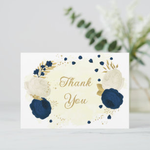 navy & white flowers gold botanical wedding thank you card
