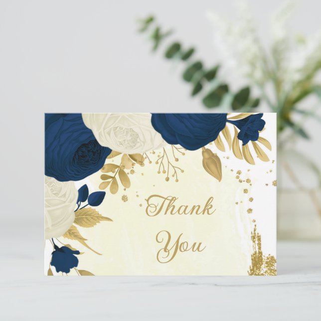 navy & white flowers gold botanical wedding  thank you card (Standing Front)