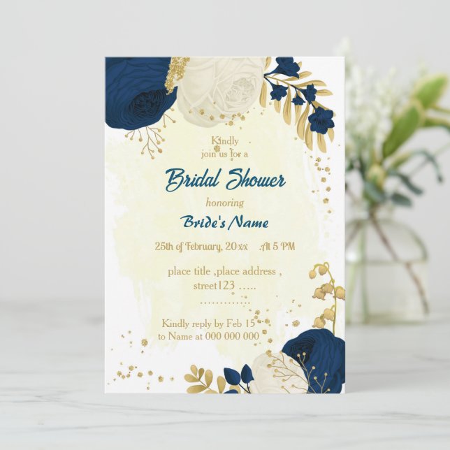 navy & white flowers gold bridal shower invitation (Standing Front)