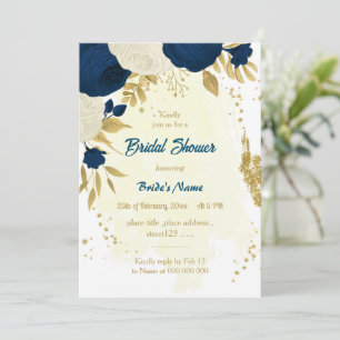 navy & white flowers gold bridal shower invitation