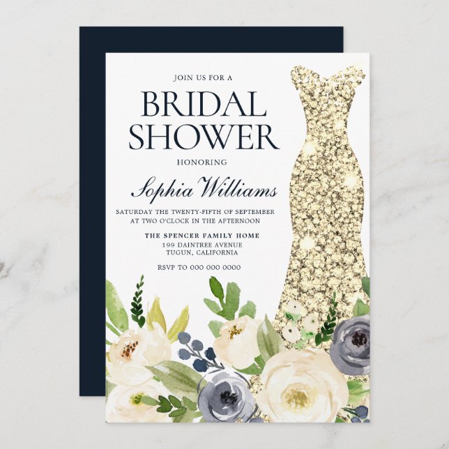 Navy & White Flowers Gold Dress Bridal Shower Invitation (Front/Back)