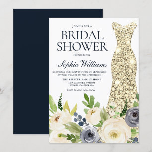 Navy & White Flowers Gold Dress Bridal Shower Invitation