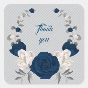 navy & white flowers grey leaves wreath thank you square sticker