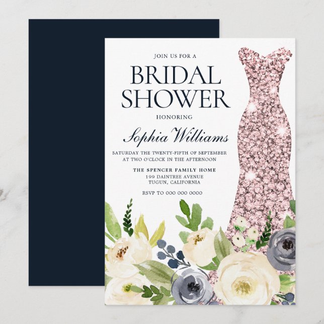 Navy & White Flowers Rose Gold Dress Bridal Shower Invitation (Front/Back)