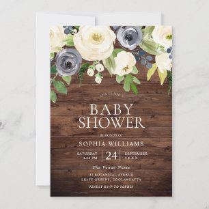 Navy & White Flowers Rustic Wood Baby Shower Invitation