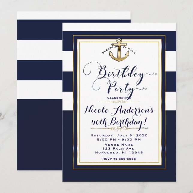 Navy White & Gold Anchor Nautical Birthday Party Invitation (Front/Back)