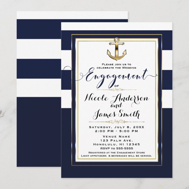 Navy White & Gold Anchor Nautical Engagement Party Invitation (Front/Back)