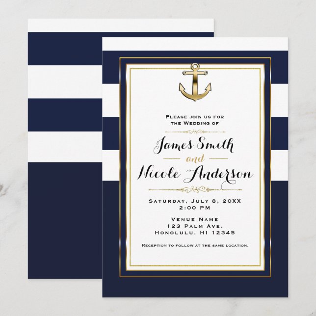 Navy White & Gold Anchor Nautical Stripes Wedding Invitation (Front/Back)