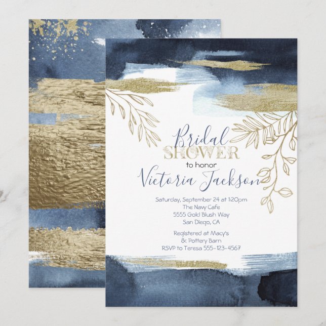 Navy White Gold Bridal Shower Invitation (Front/Back)