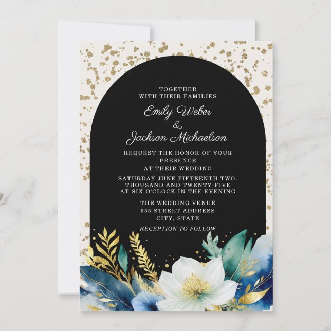 Navy White Gold Floral Arch Glitter Wedding Invitation (Front)