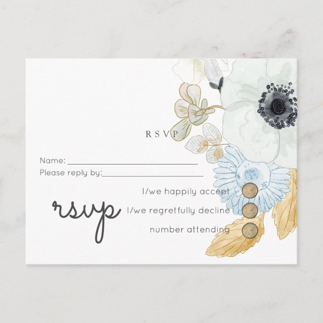 Navy White Gold Floral Wedding Budget RSVP Invitation Postcard (Front)