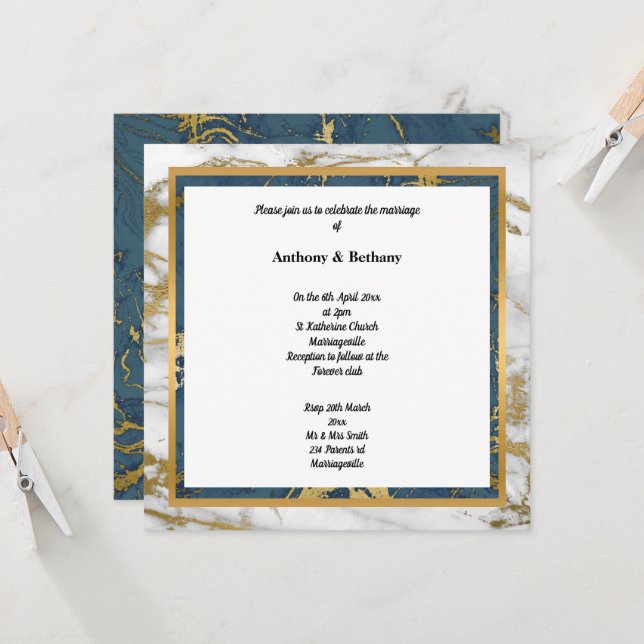 NAVY WHITE GOLD MARBLE WEDDING  INVITATION (Front/Back In Situ)