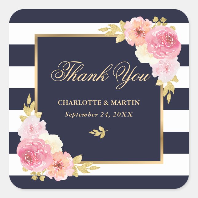 Navy White Gold Pink Floral Wedding Thank You Square Sticker (Front)