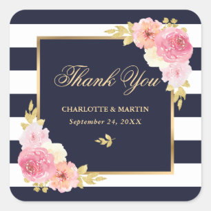 Navy White Gold Pink Floral Wedding Thank You Square Sticker