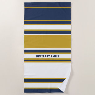 Navy White Gold Stripes Pattern Personalised Beach Towel