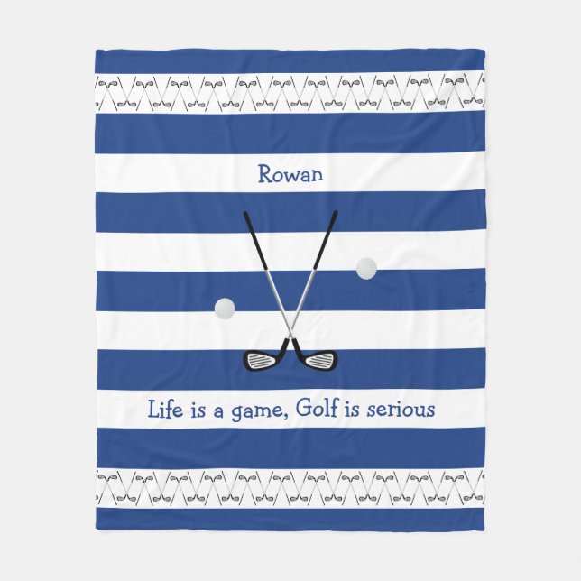 Navy white golf clubs personalised fleece blanket (Front)