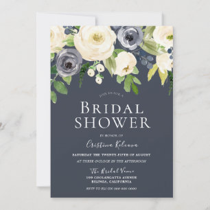 Navy & White Gorgeous Floral Elegant Bridal Shower Invitation