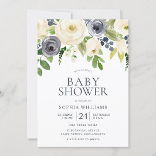 Navy & White Gorgeous Flowers Girl Boy Baby Shower Invitation