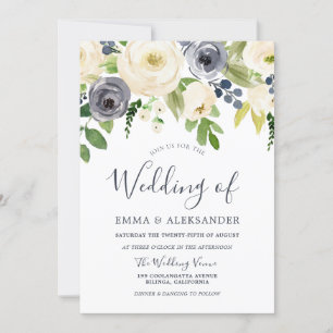 Navy & White Gorgeous Flowers Modern Wedding Invitation