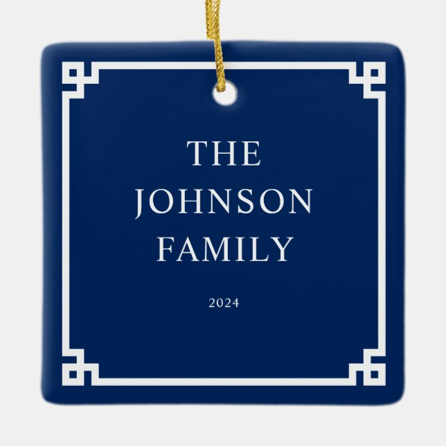 Navy White Greek Key Border Family Photo Ceramic Ornament (Front)