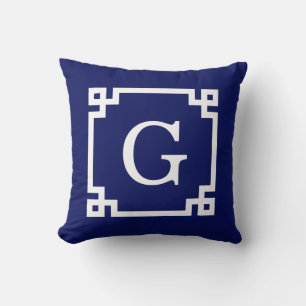 Navy White Greek Key Frame #2 Initial Monogram Cushion