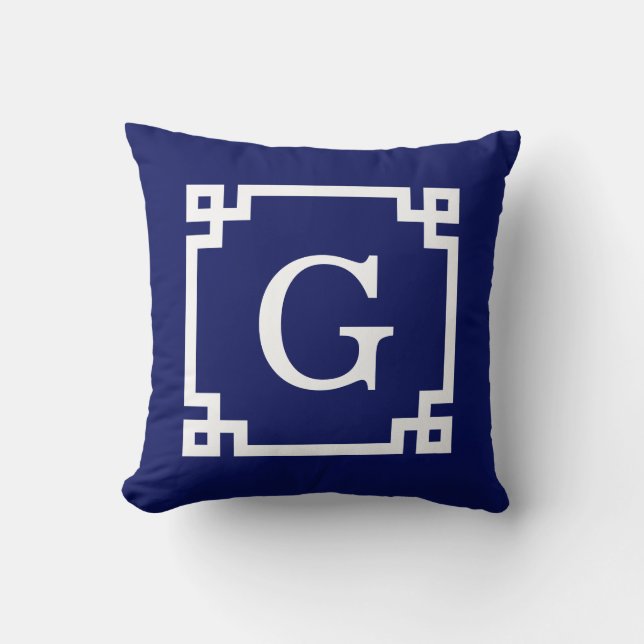 Navy White Greek Key Frame #2 Initial Monogram Cushion (Front)