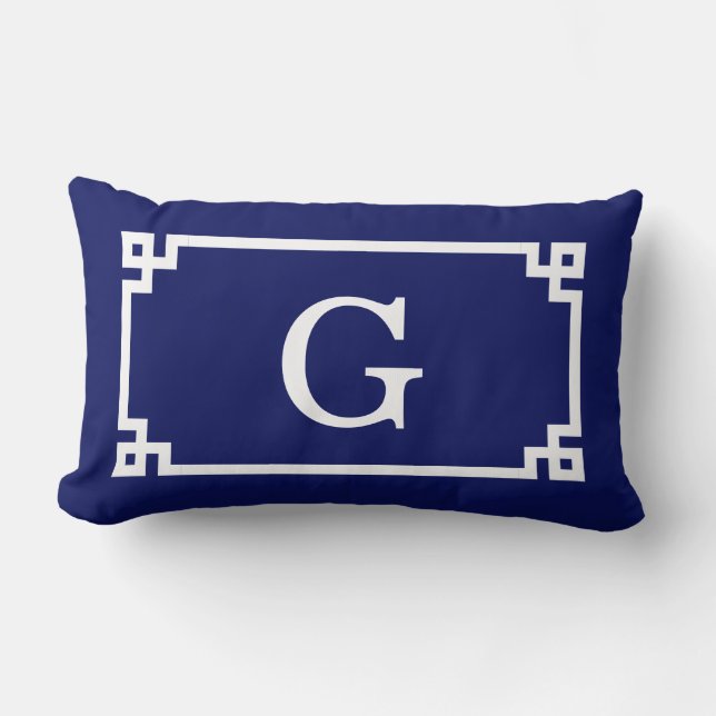 Navy White Greek Key Frame #2 Initial Monogram Lumbar Cushion (Front)