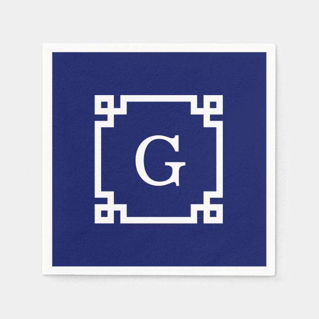 Navy White Greek Key Frame #2 Initial Monogram Napkin (Front)