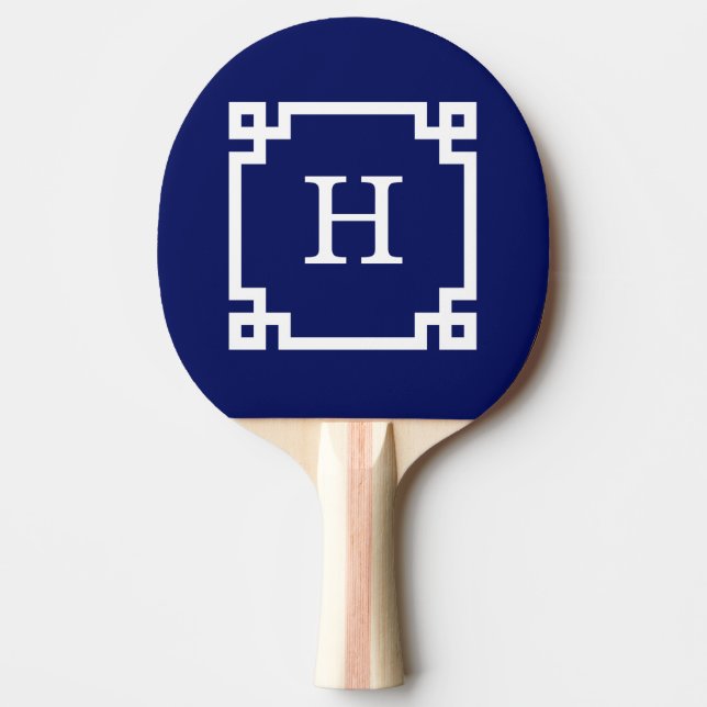 Navy White Greek Key Frame #2 Initial Monogram Ping Pong Paddle (Front)