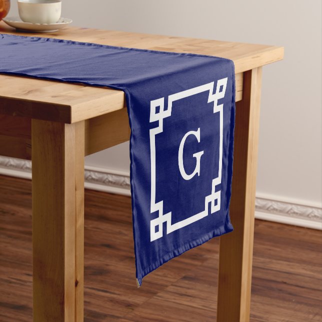 Navy White Greek Key Frame #2 Initial Monogram Short Table Runner (In Situ)