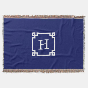 Navy White Greek Key Frame #2 Initial Monogram Throw Blanket