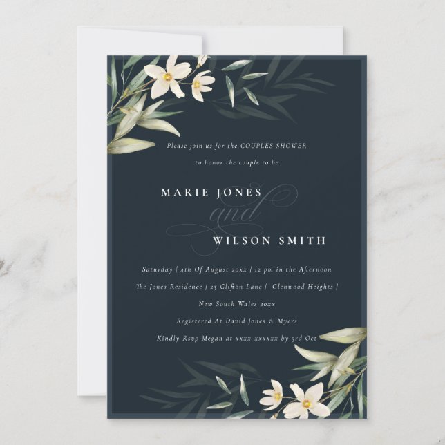 Navy White Greenery Floral Couples Shower Invite (Front)