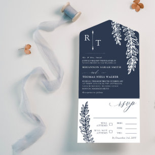Navy White Greenery Monogrammed Wedding All In One Invitation