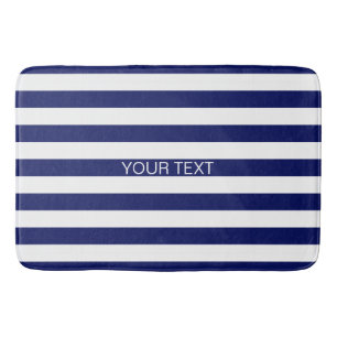 Navy White Horizontal Preppy Stripe Name Monogram Bath Mat