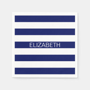 Navy White Horizontal Preppy Stripe Name Monogram Napkin