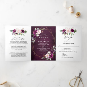 Navy White Ivory Geometric Tri-fold Wedding invite