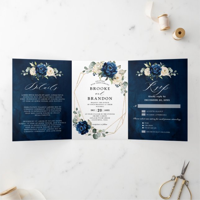 Navy White Ivory Geometric Tri-fold Wedding invite (Inside)