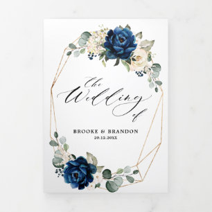 Navy White Ivory Geometric Tri-fold Wedding invite