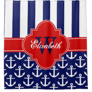 Navy White LG Anchor Stripe 1ICBR Red Monogram Shower Curtain