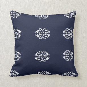 Navy,White, Medallion Designed Throw Pillow