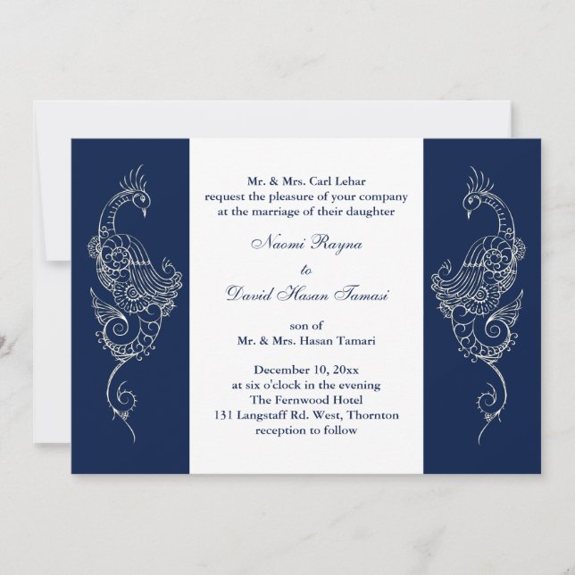 Navy & White Mehndi Peacock Wedding Invitation (Front)