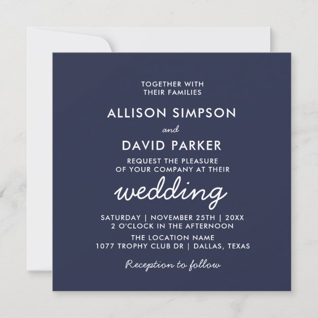 Navy White Modern Minimalist Wedding Invitation (Front)