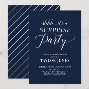 Navy & White   Modern Surprise Birthday Party Invitation