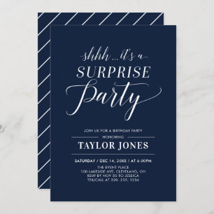 Navy & White Modern Surprise Birthday Party Invitation