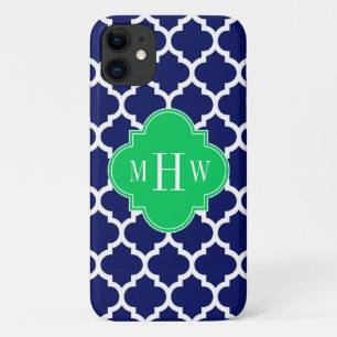 Navy White Moroccan #5 Emerald 3 Initial Monogram iPhone 11 Case