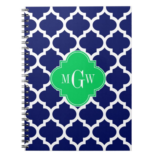 Navy White Moroccan #5 Emerald 3 Initial Monogram Notebook (Front)