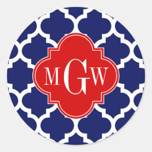 Navy White Moroccan #5 Red 3 Initial Monogram Classic Round Sticker