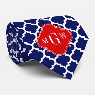 Navy White Moroccan #5 Red 3 Initial Monogram Tie
