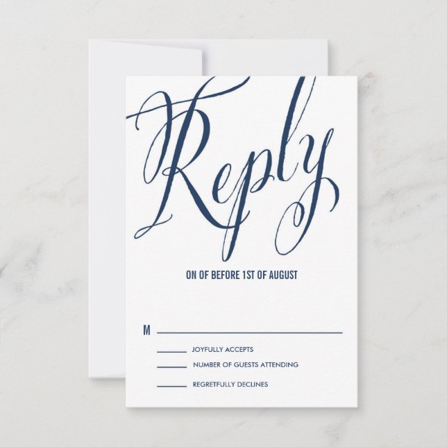 Navy & White Mr. & Mrs. Elegant Script RSVP Card (Front)